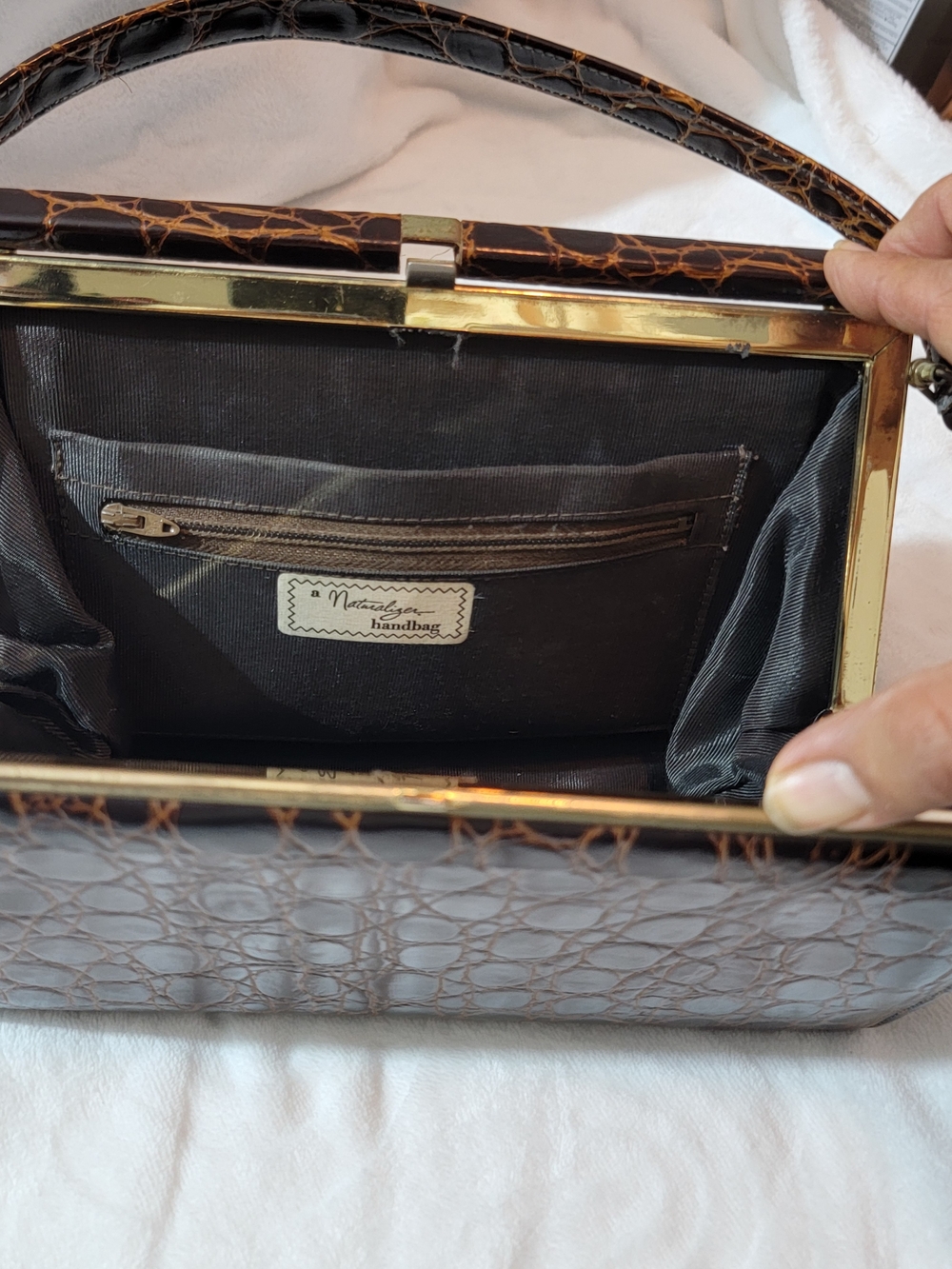 Vintage From 50's Naturalizer Brown Croc-Embossed Frame Wristlet